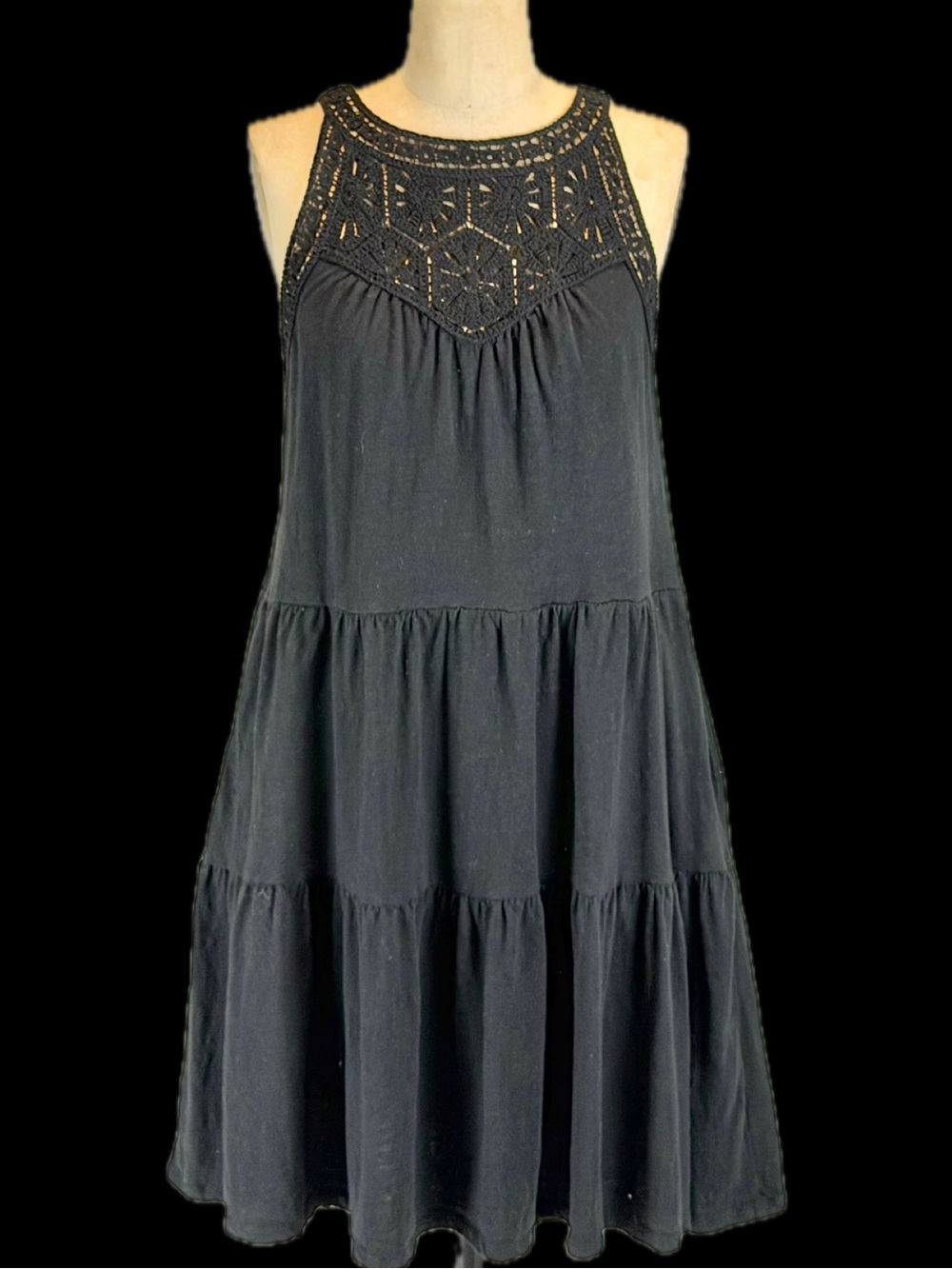 Tiered ruffle prairie dress crochet lace sleeveless black 100% cotton midi